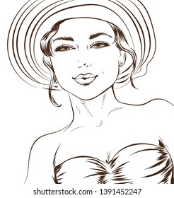 Vector sketchy line art illustration of a sexy girl in a luxurious hat. Excellent poster for advertising discounts and sales and coloring