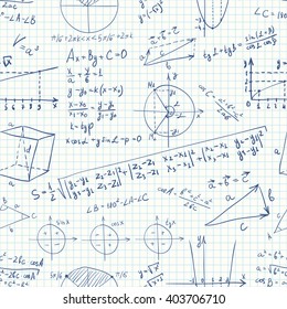 Vector sketchy math seamless pattern with doodle formulas on a copybook paper. Science symbols background