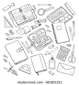 Vector sketchy outline drawing stationary set isolated on white. Doodle office and school supplies