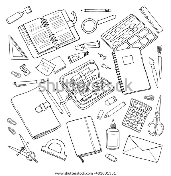 Vector sketchy outline drawing\
stationary set isolated on white. Doodle office and school\
supplies