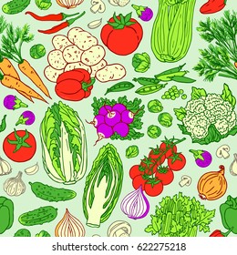 Vector sketchy seamless pattern with different fresh vegetable. Colorful background with cabbage, carrots, potatoes, tomatoes, peas, pepper