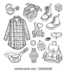 Vector sketchy set with 80s 90s outfits isolated on white background. Illustration of nineties style fashion items. I love 90s