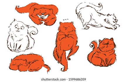 vector sketchy set of marmalade fat cats in different poses and with different face expressions.