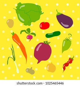 Vector sketchy set of some childlike vegetables isolated on a yellow dotted background. Food and catering themes, design element, children goods and books.