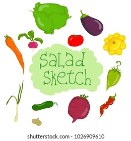 Vector sketchy set of some vegetables augmented with a positive funny sign. Food and catering themes, design element, children goods and books.