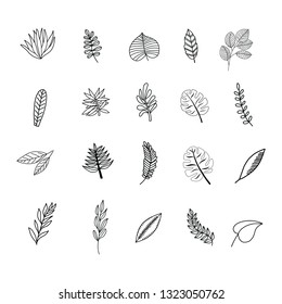 Vector sketchy set of tropical leaves isolated on white background