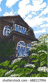 Vector sketchy style colored illustration of a country wood house in the summer at the cloudy blue sky background. Garden plants, trees and flowers. Hand drawing. Hydrangeas. Windows, roof, home. 