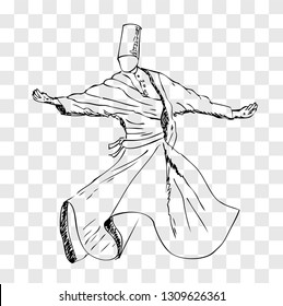 Vector Sketchy Sufi Dancer, Turkey At Fake Transparent Background
