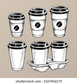 Vector sketchy vintage illustration set of takeaway coffee paper cups