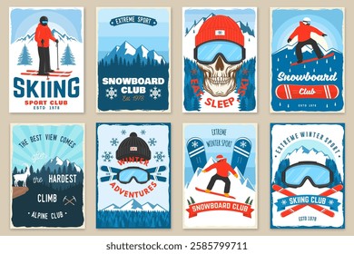 Vector ski club retro flyer, poster, banner with mountain, snowboarder, mountaineers, ski glasses, skull skeleton, ski, helmet, ski boot. Family vacation, activity or travel. Extreme winter sport