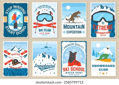 Vector ski club retro flyer, poster, banner with mountain, ski glasses, snowboarder, mountaineers, ski, helmet, ski boot. Family vacation, activity or travel. Extreme winter sport