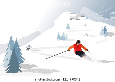 vector ski racing on the snow hill on winter background