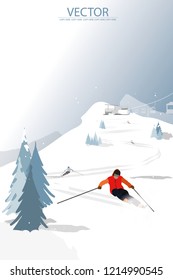 vector ski racing on the snow hill on winter background