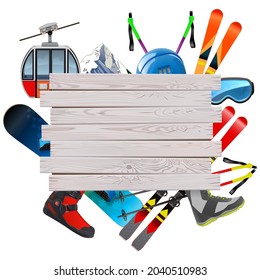Vector Ski Resort Concept with Wooden Planks isolated on white background