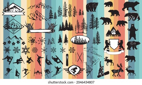 Vector ski snowboard resort silhouette
