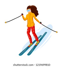 Vector skiers cartoon flat style. Woman in the ski resort. Winter sport activity. Simple characters. Isolated on white background.