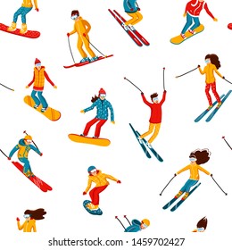 Vector skiers and snowboarders cartoon flat style. Men and women in the ski resort. Winter sport activity. Simple characters. Isolated on white background seamless pattern