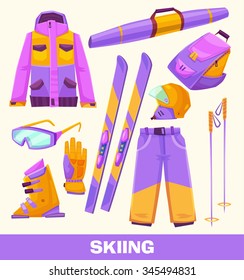 Vector skiing elements, clothes and tools  isolated on white background. Winter sport equipment. Flat vector stock illustration.