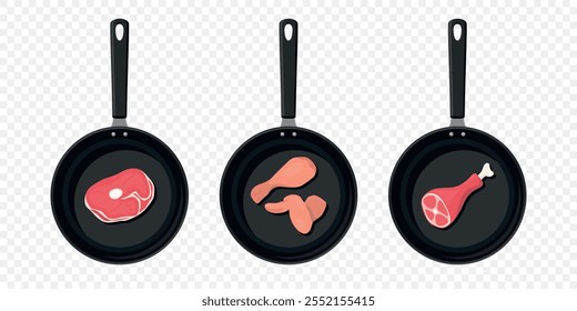 Vector Skillet With Steak, Chicken Leg And Wing, Meat Shank On Bone. Frying Pan Illustration. Cooking Pan With Meat, Steak In Pan, Chicken Wing, Meat Shank. Culinary Art, Vector Illustration