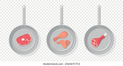 Vector Skillet With Steak Icon Set. Chicken Leg, Wing, Meat Shank On Bone. Frying Pan Illustration, Top View. Cooking Pan with Meat, Steak, Chicken Wing, Meat Shank. Culinary Vector Illustration