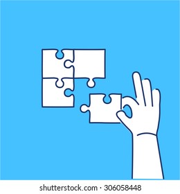 Vector skills icon of building puzzle finding solution | modern flat design soft skills linear illustration and infographic on blue background
