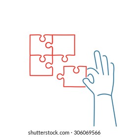 Vector skills icon of building puzzle finding solution | modern flat design soft skills linear illustration and infographic red and blue on white background