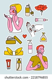 Vector skin care treatment sticker set, doodle clipart