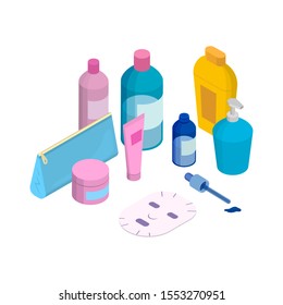 Vector skincare and bath isometric objects. Pile of shampoo, liquid soap, face cream, serum, makeup bag and sheet mask in isometric 3d dimension illustration
