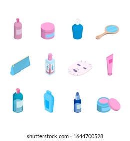 Vector skincare beauty face products isometric objects set. Cream, mirror, sheet shampoo, serum objects illustration.