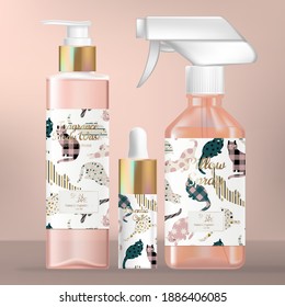 Vector Skincare or Beauty Packaging Set with Body Wash Pump Bottle, Serum Droplet and Aroma Spray Bottle. Cat Pattern Print Packaging.