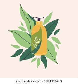 Vector skincare cosmetic illustration with flying leaves background. Natural cream