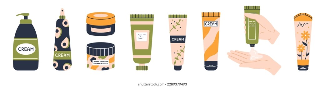 Vector skincare set. Tubes of cream, jurs and sprays. Hand squeezes a tube of cream. Beauty.