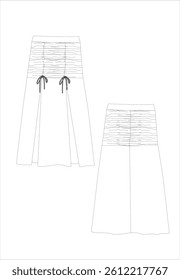 Vector skirt pants fashion , long short sleeve CAD, women's long sleeveswrapped shirt technical drawing, white color, drawing, template, plain, mock-up. Woven fabric top with front, back view,