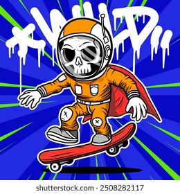 Vector skull astronaut playing skateboard in attractive pose in cartoon style