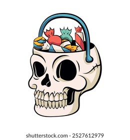 Vector Skull Basket Cartoon Retro Style Illustration Isolated