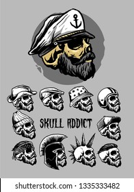 vector of skull bearded with head accessories set