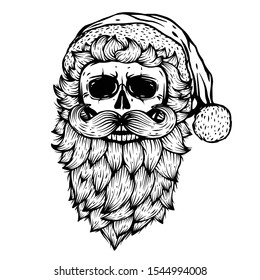 Vector Skull black illustration isolated on white background. Bad Santa image. Skeleton head. Holiday home decor print. T shirt design. Halloween, Christmas, New Year graphic design. 