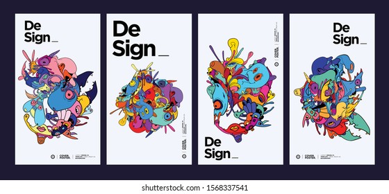 Vector abstract cartoon doodle skull, bone, insect, and head colorful illustration. Liquid and fluid abstract tribal tattoo, sticker and wallpaper background.
