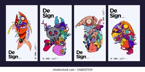 Vector abstract cartoon doodle skull, bone, insect, and head colorful illustration. Liquid and fluid abstract tribal tattoo, sticker and wallpaper background.
