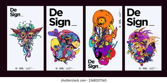 Vector abstract cartoon doodle skull, bone, insect, and head colorful illustration. Liquid and fluid abstract tribal tattoo, sticker and wallpaper background.

