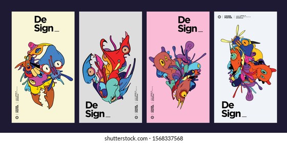 Vector abstract cartoon doodle skull, bone, insect, and head colorful illustration. Liquid and fluid abstract tribal tattoo, sticker and wallpaper background.
