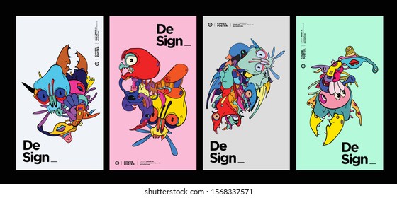 Vector abstract cartoon doodle skull, bone, insect, and head colorful illustration. Liquid and fluid abstract tribal tattoo, sticker and wallpaper background.
