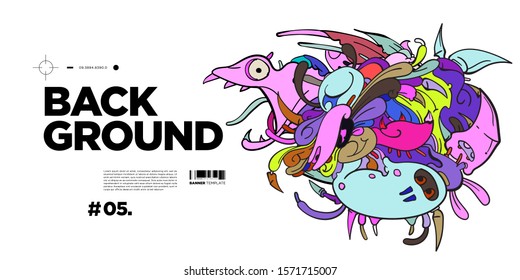 Vector abstract cartoon doodle skull, bone, insect, and head colorful illustration. Liquid and fluid abstract tribal tattoo, sticker, banner and wallpaper background.
