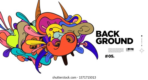 Vector abstract cartoon doodle skull, bone, insect, and head colorful illustration. Liquid and fluid abstract tribal tattoo, sticker, banner and wallpaper background.
