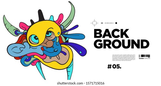 Vector abstract cartoon doodle skull, bone, insect, and head colorful illustration. Liquid and fluid abstract tribal tattoo, sticker, banner and wallpaper background.
