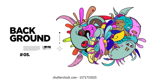 Vector abstract cartoon doodle skull, bone, insect, and head colorful illustration. Liquid and fluid abstract tribal tattoo, sticker, banner and wallpaper background.
