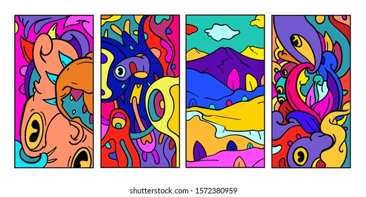 Vector abstract cartoon doodle skull, bone, insect, and head colorful illustration. Set of Liquid and fluid abstract tribal tattoo, sticker, banner and wallpaper background.
