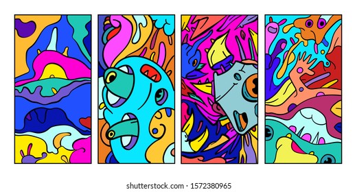 Vector abstract cartoon doodle skull, bone, insect, and head colorful illustration. Set of Liquid and fluid abstract tribal tattoo, sticker, banner and wallpaper background.
