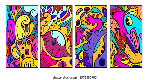 Vector abstract cartoon doodle skull, bone, insect, and head colorful illustration. Set of Liquid and fluid abstract tribal tattoo, sticker, banner and wallpaper background.
