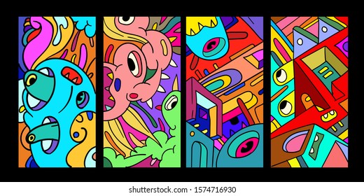 Vector abstract cartoon doodle skull, bone, insect, and head colorful illustration. Set of Liquid and fluid abstract tribal tattoo, sticker, banner, social media story, and wallpaper background.
